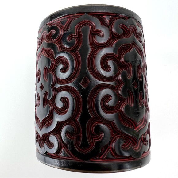 Antique Chinese Hand Carved Cinnabar Canister Jar Box Black and Red Blue Inside - Picture 12 of 14